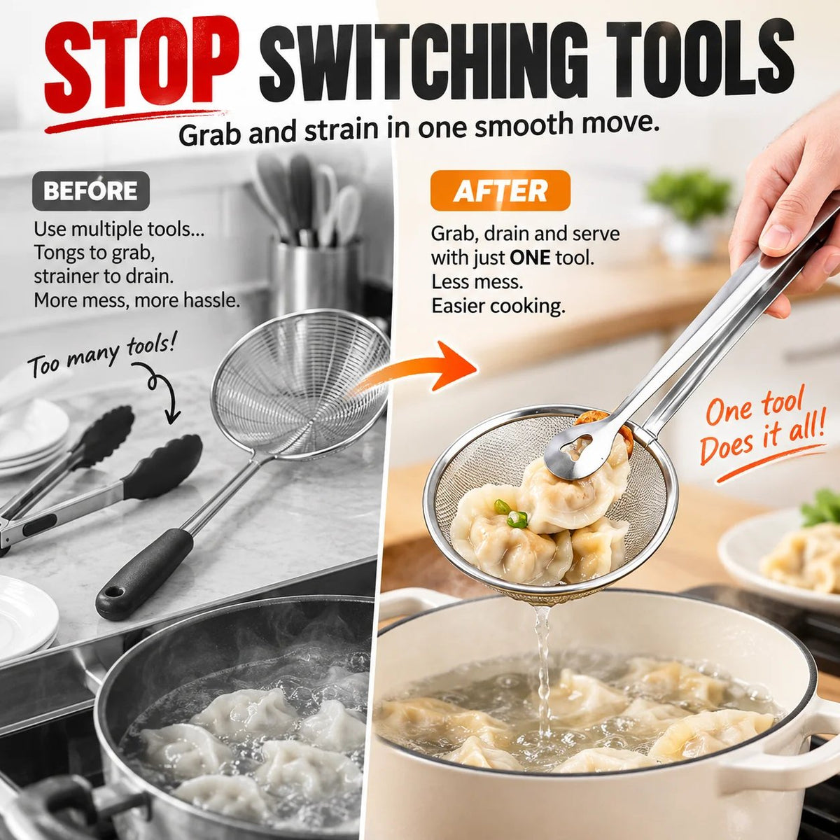🔥LAST DAY - BUY 1 GET 1 FREE!!🎁 2pack-2-in-1 Stainless Steel Strainer Tongs