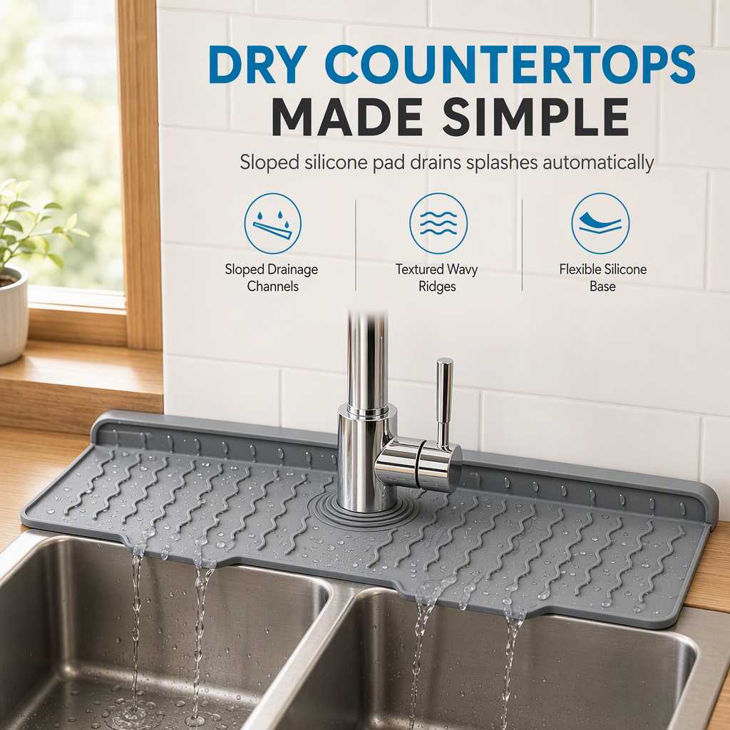 🔥Last Day 33% OFF -🧽 Silicone Faucet Splash Guard Mat — Drain Fast, Cuttable
