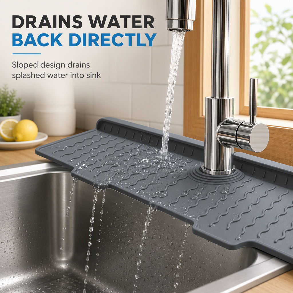 🔥Last Day 33% OFF -🧽 Silicone Faucet Splash Guard Mat — Drain Fast, Cuttable