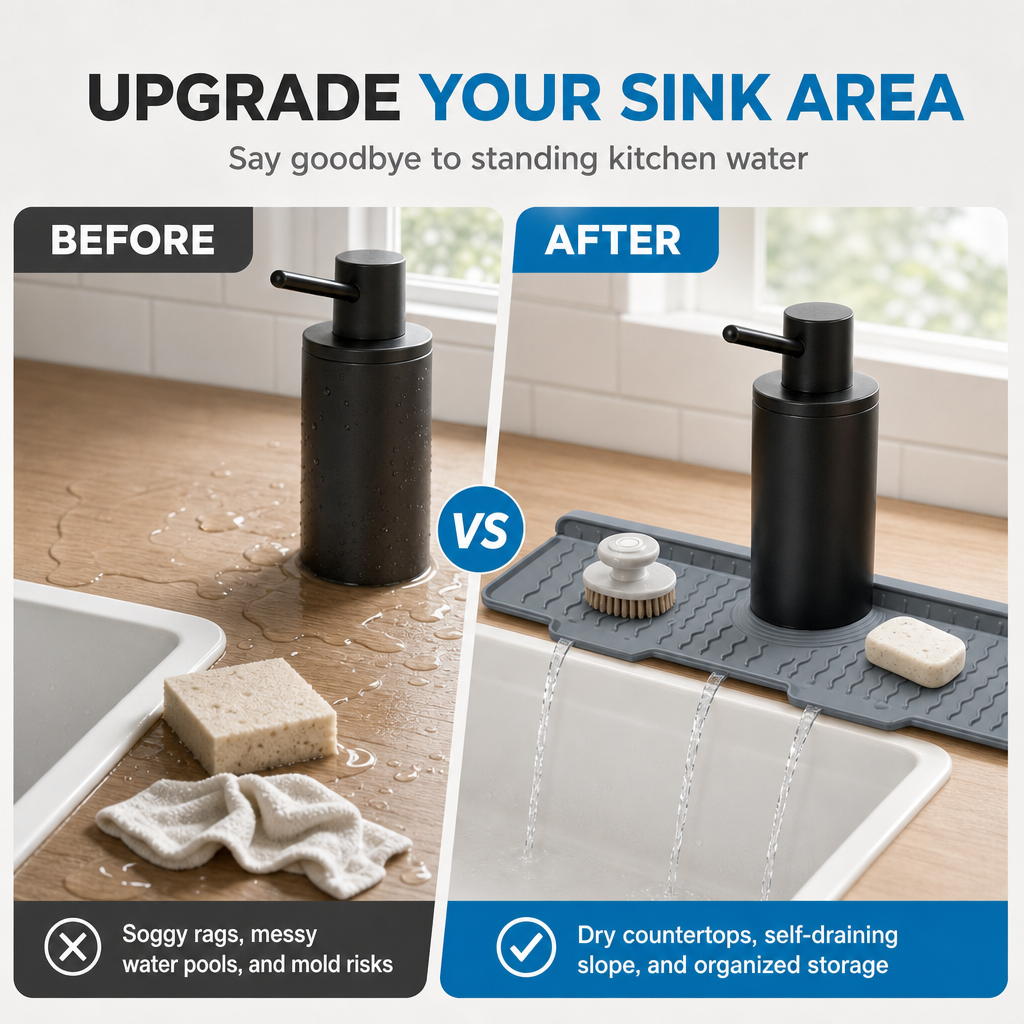 🔥Last Day 33% OFF -🧽 Silicone Faucet Splash Guard Mat — Drain Fast, Cuttable